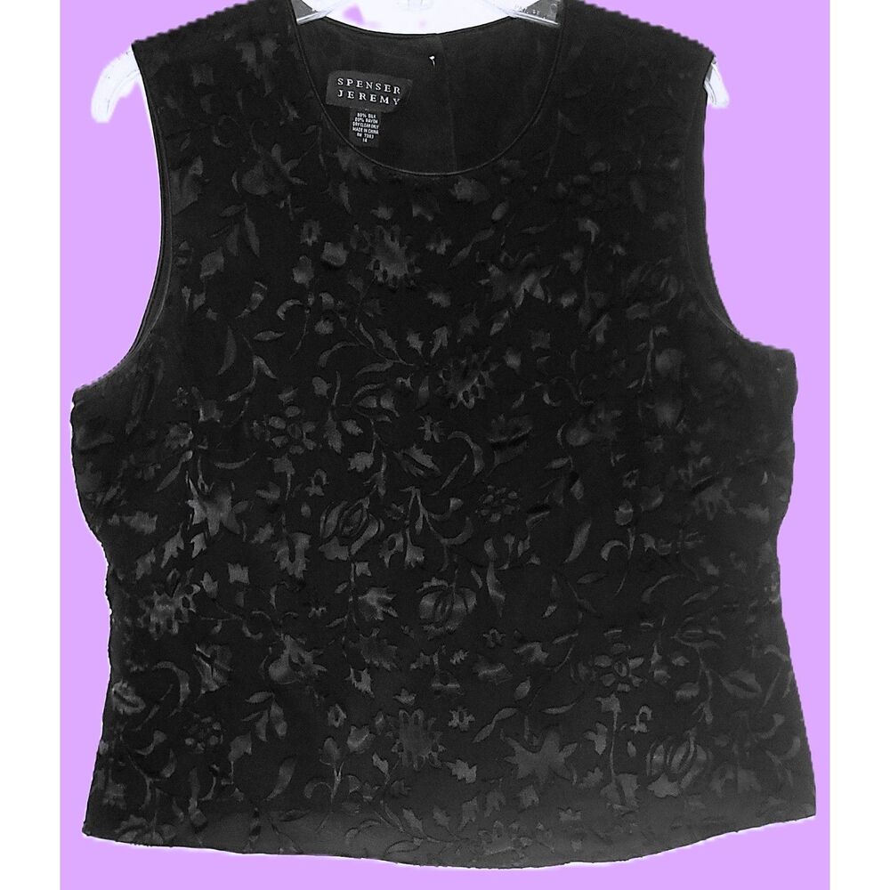 Spenser Jeremy Silk Blend Sleeveless Lined Top Black Velvet Floral Scoop Size 14